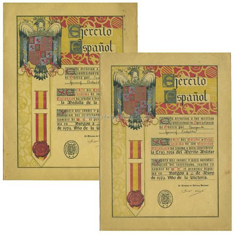 Spanien 1936-39 - Legion Condor - Paar spanische Verleihungsurkunden 'La Medalla de la Campana' und 'La Cruz Roja del Merito Militar'