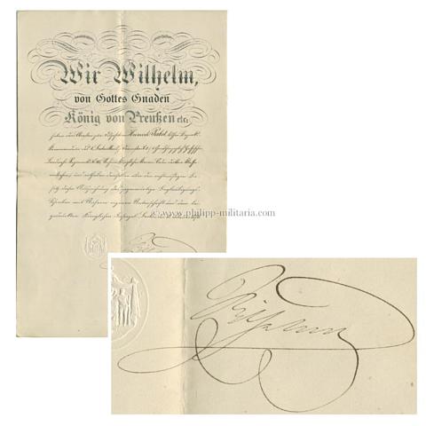 WILHELM I., Deutscher Kaiser und König (1797-1888), eigenhändige Unterschrift / Autograph auf Verleihungsurkunde zum Kronen-Orden 3. Klasse