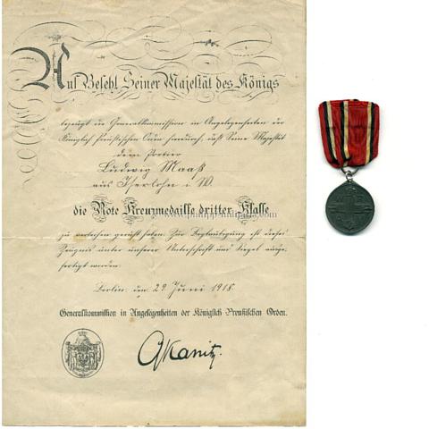 Rotes Kreuz - Rote Kreuzmedaille 3. Klasse mit Verleihungsurkunde - Preussen