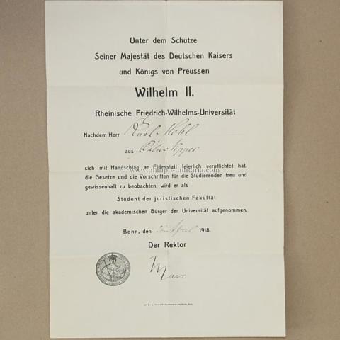 Aufnahmeurkunde als Student der juristischen Fakultät, Universität Bonn 1918