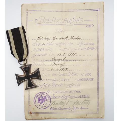 Eisernes Kreuz 2. Klasse 1914 mit Besitzzeugnis '4.Hannoversches Infanterie-Regiment No.16'