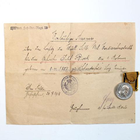 Württemberg Militärverdienstmedaille König Wilhelm II. (1882-1918) mit 'Vorläufigen Ausweis'