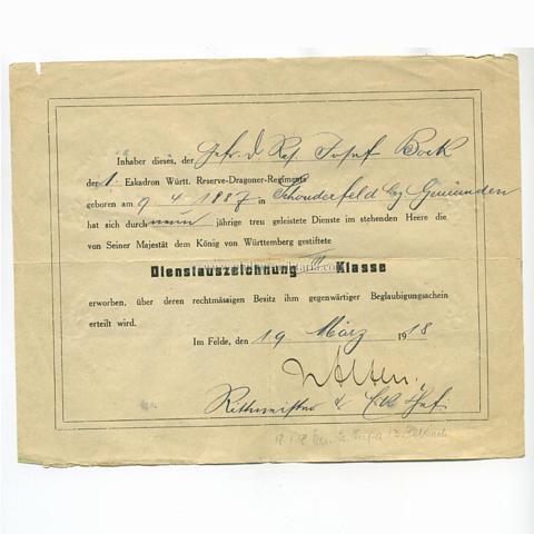 Dienstauszeichnung 3. Klasse, Württemberg - Verleihungsurkunde