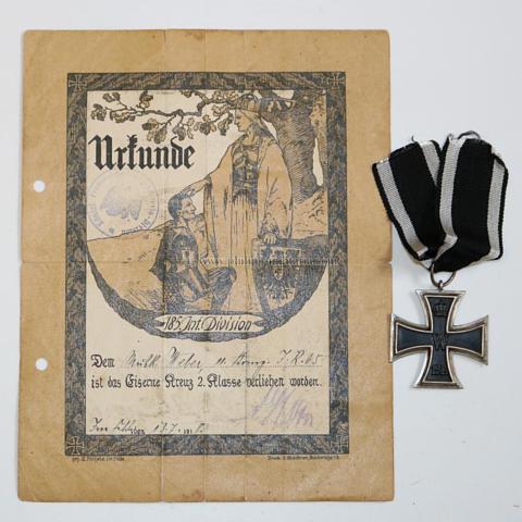 Eisernes Kreuz 2. Klasse 1914 mit Verleihungsurkunde der 185.Inf.-Division