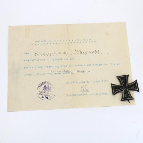 Eisernes Kreuz 1. Klasse 1914 mit Hersteller 'KO' mit vorläufigem Besitzzeugnis