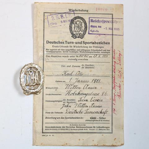 Deutsches Reichssportabzeichen 'DRA' in Silber mit Urkundenblatt