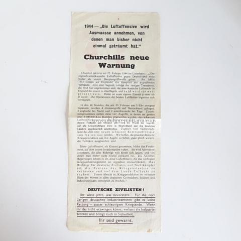 Alliiertes Propagandaflugblatt 2.Weltkrieg 'Churchills neue Warnung'
