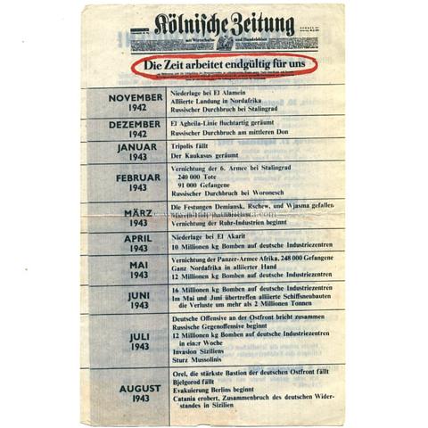 Alliiertes Propagandaflugblatt 2.Weltkrieg 'Kölnische Zeitung - Die Zeit arbeitet endgültig für uns'An die Zivilbevölkerung des Ruhrgebiets !'