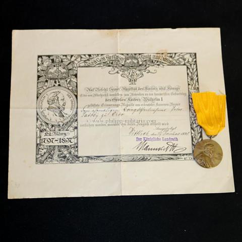 Centenarmedaille 1897, mit Verleihungsurkunde - Medaille zum Andenken an den hundertsten Geburtstag Kaisers Wilhelm I.