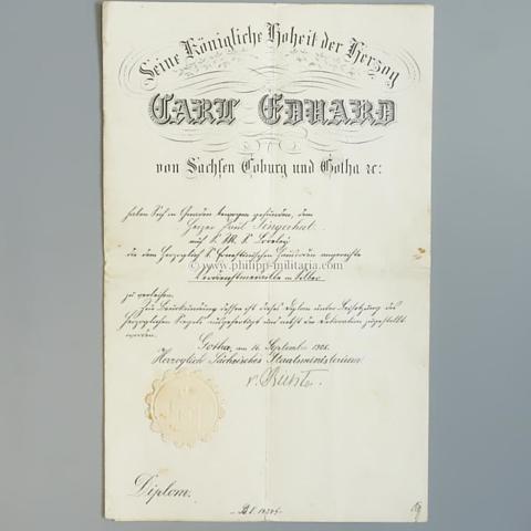 Ernestinischer Hausorden, Verdienstmedaille in Silber, Sachsen Coburg Gotha - Verleihungsurkunde mit Statuten  