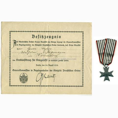 Verdienstkreuz für Kriegshilfe / Kriegs-Hilfsdienst 1917-1924 mit Besitzzeugnis