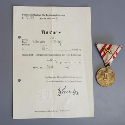 Österreich Kriegserinnerungsmedaille 1914-1918 'Für Österreich' mit Ausweis-Urkunde