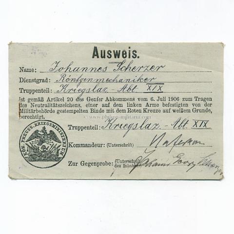 Deutsches Rotes Kreuz, Ausweis gemäß Artikel 20 des Genfer Abkommens, 1. Weltkrieg