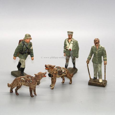 Lot mit Lineol 5 Massefiguren, Wehrmacht, Sanitätspersonal, Verwundete, 2 Sanitätshunde