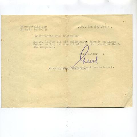 Übersendungsschreiben einer Urkunde Einheit 10697 B (Grenadier-Regiment 89), Wehrmacht