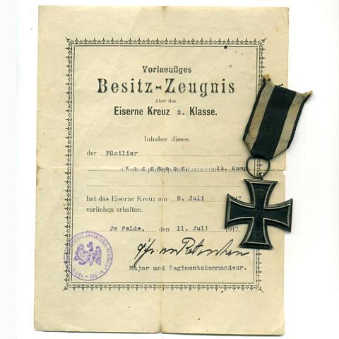 Eisernes Kreuz 2. Klasse 1914 mit vorläufigem Besitzzeugnis '12.Kp.Res.Inf.Regt.282'