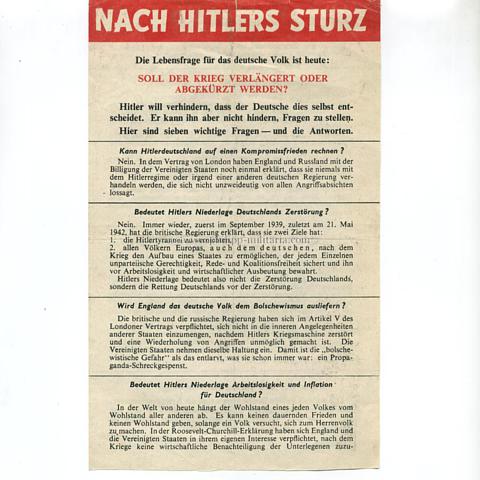 Alliiertes Propagandaflugblatt 2.Weltkrieg 'Nach Hitlers Sturz'