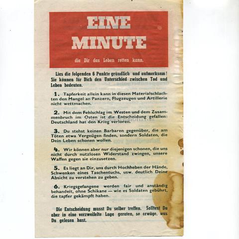 Alliiertes Propagandaflugblatt 2.Weltkrieg 'Eine Minute die Dir das Leben retten kann'