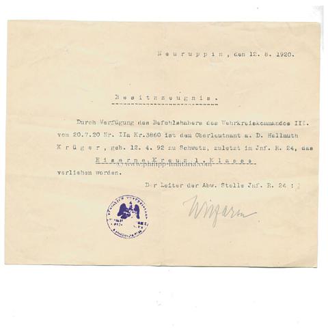 Eisernes Kreuz I. Klasse 1914 - Besitzzeugnis