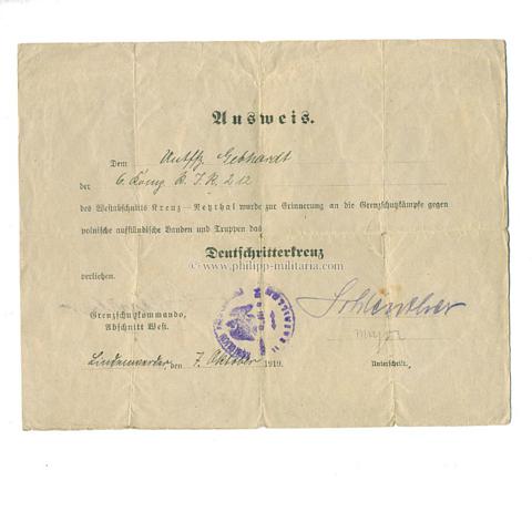 Freikorps, Deutschritterkreuz, Ausweis -Verleihungsurkunde