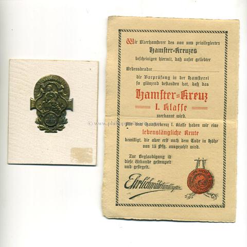 Propaganda gegen das Hamstern von Lebensmittel im 1. Weltkrieg 1914/18 - Hamster Kreuz 1.Klasse mit Verleihungsurkunde