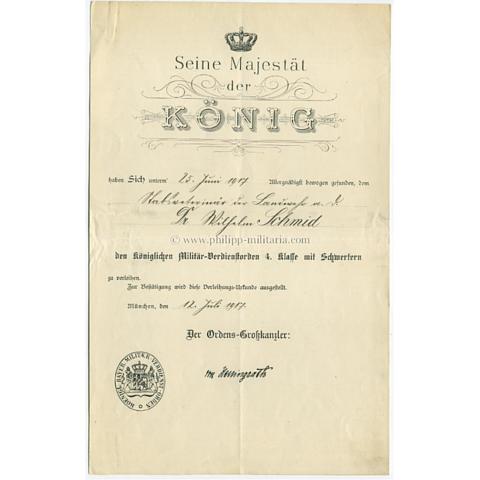Verleihungsurkunde zum königlichen Militär-Verdienstorden 4. Klasse mit Schwertern, Königreich Bayern