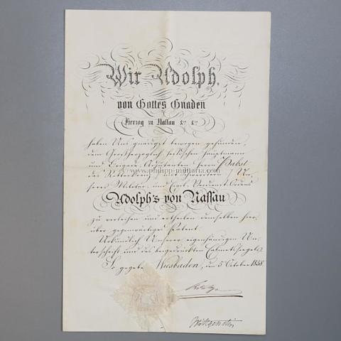 Verleihungsurkunde für das Ritterkreuz mit Schwertern, Herzoglich Nassauischer Militär- und Zivil-Verdienstorden Adolphs von Nassau