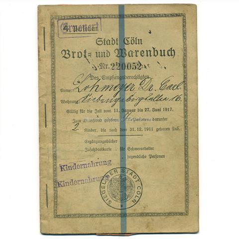 Lebensmittelmarken und Bezugsscheine, Brot- und Warenbuch 1. Weltkrieg 1916 der Stadt Köln