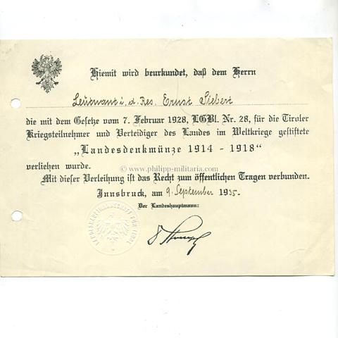 Tiroler Landesverteidigungsmedaille 1914-1918 - Verleihngsurkunde