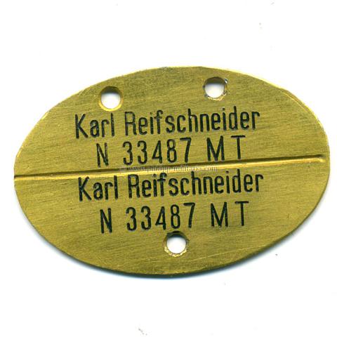Kriegsmarine Erkennungsmarke 'Karl Reifschneider N 33487 MT'