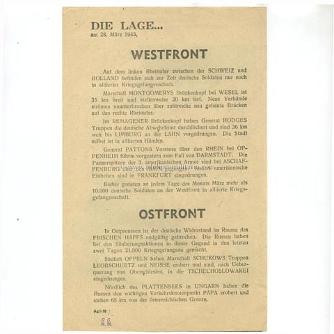 Alliiertes Propagandaflugblatt 2.Weltkrieg 'Die Lage am 28.März 1945'