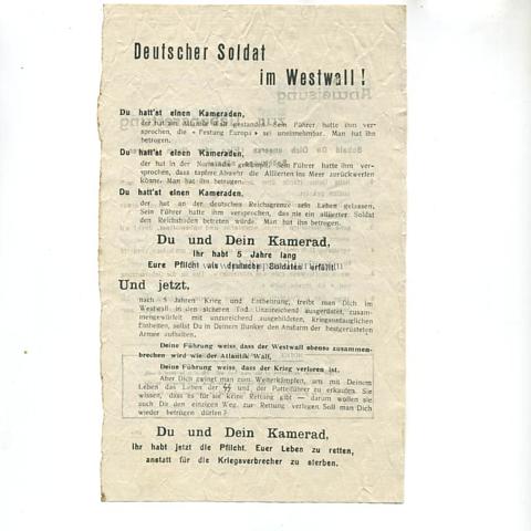 Alliiertes Propagandaflugblatt 2.Weltkrieg 'Deutscher Soldat im Westwall !'
