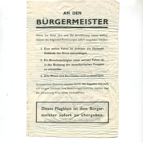 Alliiertes Propagandaflugblatt 2.Weltkrieg 'An den Bürgermeister'