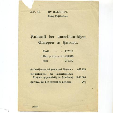 Alliiertes Propagandaflugblatt 2.Weltkrieg 'By Balloon - Durch Luftballon'