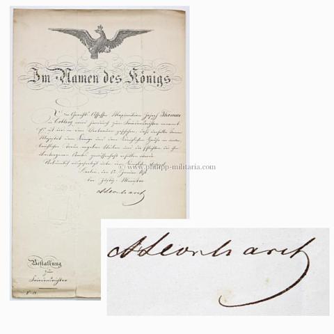 LEONHARDT, Adolph. Preußischer Politiker und Staatsminister (1815-1880), eigenhändige Unterschrift / Autograph auf Bestallung / Patent