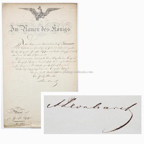 LEONHARDT, Adolph. Preußischer Politiker und Staatsminister (1815-1880), eigenhändige Unterschrift / Autograph auf Bestallung / Patent