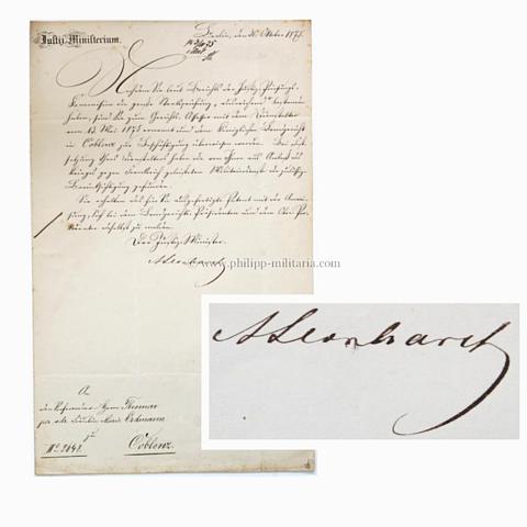 LEONHARDT, Adolph. Preußischer Politiker und Staatsminister (1815-1880), eigenhändige Unterschrift / Autograph auf Brief