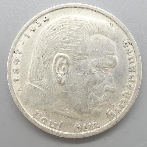 Silbermünze III. Reich 5 Reichsmark, Paul von Hindenburg 1937