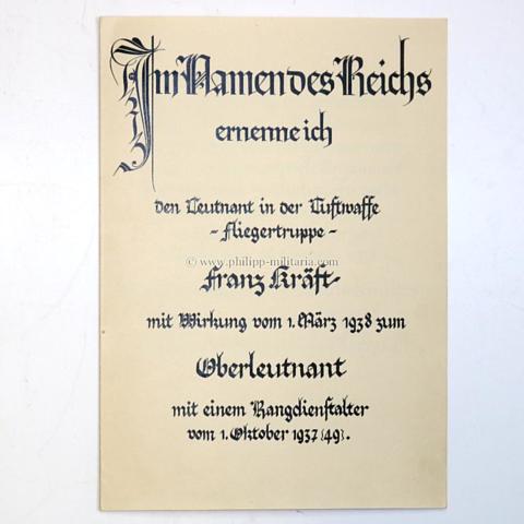 Ernennung zum Oberleutnant der Fliegertruppe (FU: Hermann Göring)