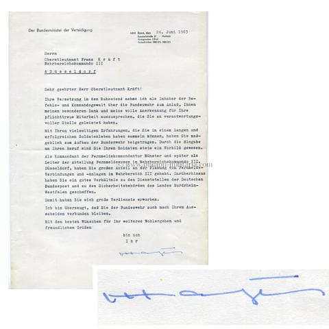 HASSEL, Kai-Uwe von., Brief mit eigenhändiger Unterschrift