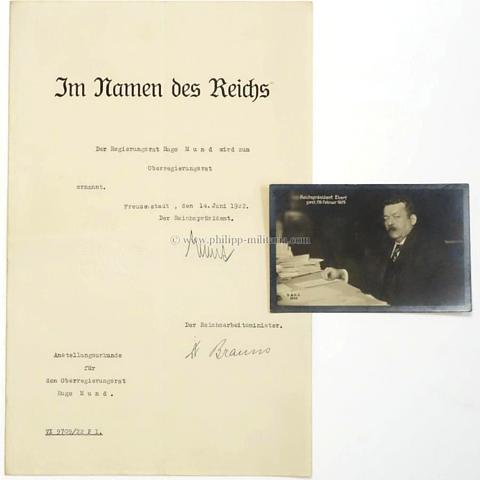 EBERT, Friedrich (1871-1925) 1922 als Reichspräsident, eigenhändige Unterschrift / Autograph