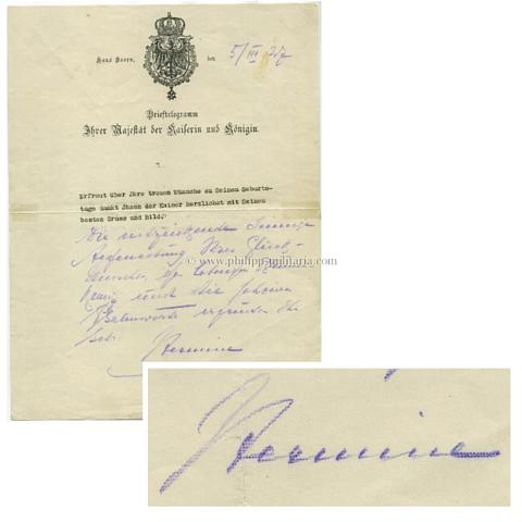 HERMINE - PREUSSEN, Prinzessin von Reuss und 2. Gemahlin Wilhelm II. (1887-1947),  eigenhändige Unterschrift auf Brieftelegramm