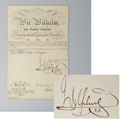 WILHELM II., Deutscher Kaiser und König (1856-1941), eigenhändige Unterschrift / Autograph auf Bestallung / Beförderung
