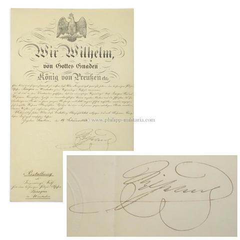 WILHELM I., Deutscher Kaiser und König (1797-1888), eigenhändige Unterschrift / Autograph auf Bestallung / Beförderungsurkunde