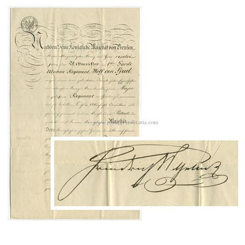 FRIEDRICH WILHELM IV. (1795-1861), König von PREUSSEN (1840-1858). eigenhändige Unterschrift / Autograph auf Bestallung / Beförderungsurkunde