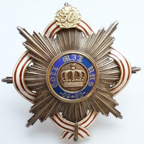 Kronen-Orden Bruststern 1. Klasse mit JubilÃ¤umszahl und Emailband des Roten Adlerordens, Preussen