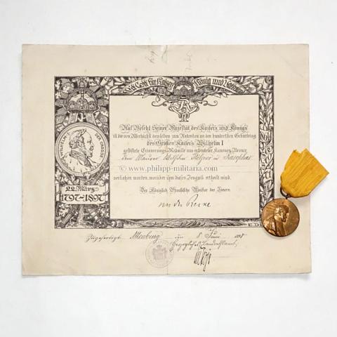Centenarmedaille 1897, mit Verleihungsurkunde - Medaille zum Andenken an den hundertsten Geburtstag Kaisers Wilhelm I.