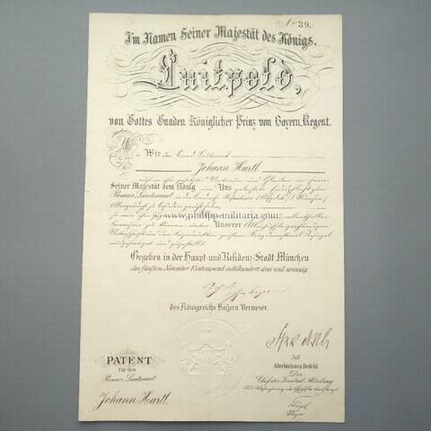 LUITPOLD Karl Joseph Wilhelm Prinzregent von Bayern (1821-1912), eigenhändige Unterschrift / Autograph auf Beförderungspatent