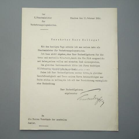 FRAUENDORFER; Heinrich von, Bayerischer Staatsminister für Verkehrsangelegenheiten (Amtszeit 1904-1912), eigenhändige Unterschrift / Autograph auf Brief