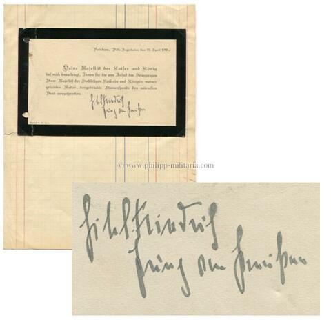 WILHELM EITEL FRIEDRICH, Prinz von Preußen (1883-1942), eigenhändige Unterschrift / Autograph auf Brief